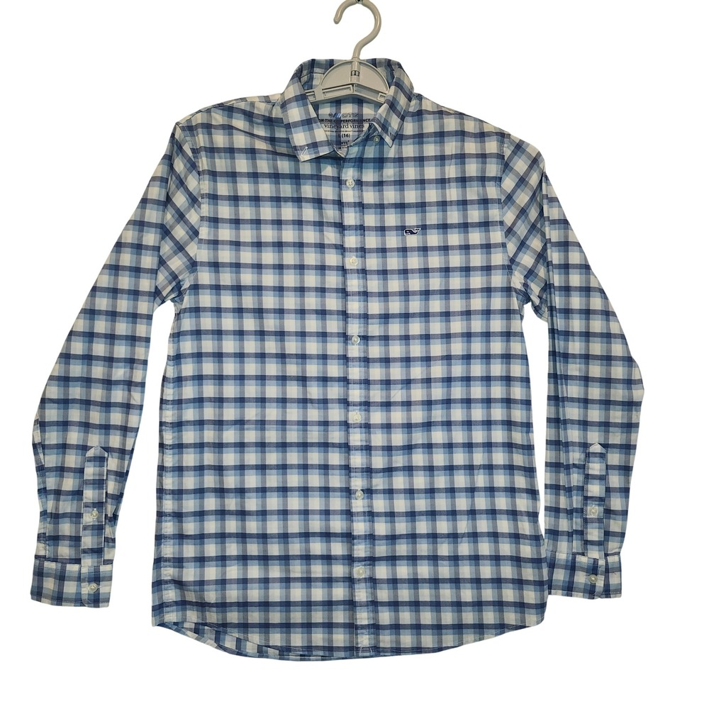 Vineyard Vines Boys OTG Performance Gingham Shirt Blue White L 16 brrr OTG
